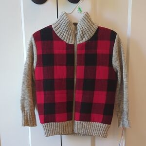 Kids Red and Black Plaid Sweater with Gray Sleeves